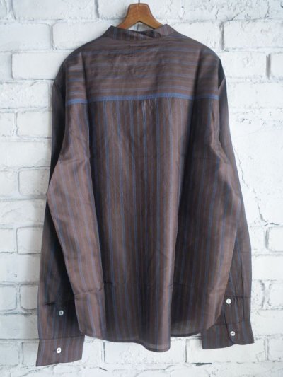 画像3: maku textiles PAUL マクテキスタイルズ インディゴ/カテキュ染縞織手織シルクバンドカラーシャツ  M2208