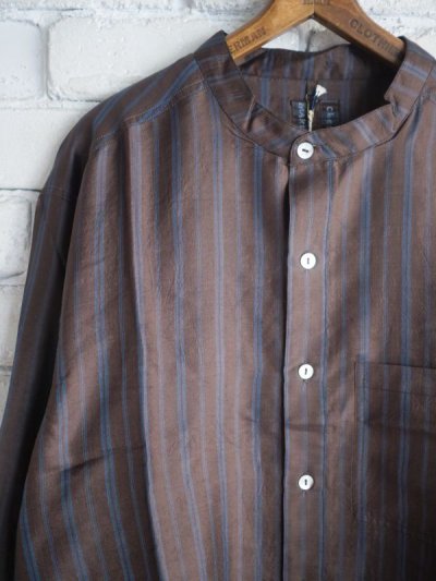 画像2: maku textiles PAUL マクテキスタイルズ インディゴ/カテキュ染縞織手織シルクバンドカラーシャツ  M2208