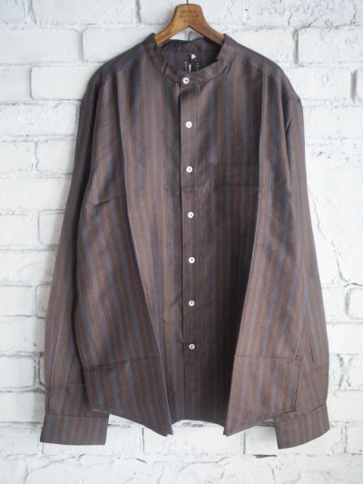 画像1: maku textiles PAUL マクテキスタイルズ インディゴ/カテキュ染縞織手織シルクバンドカラーシャツ  M2208