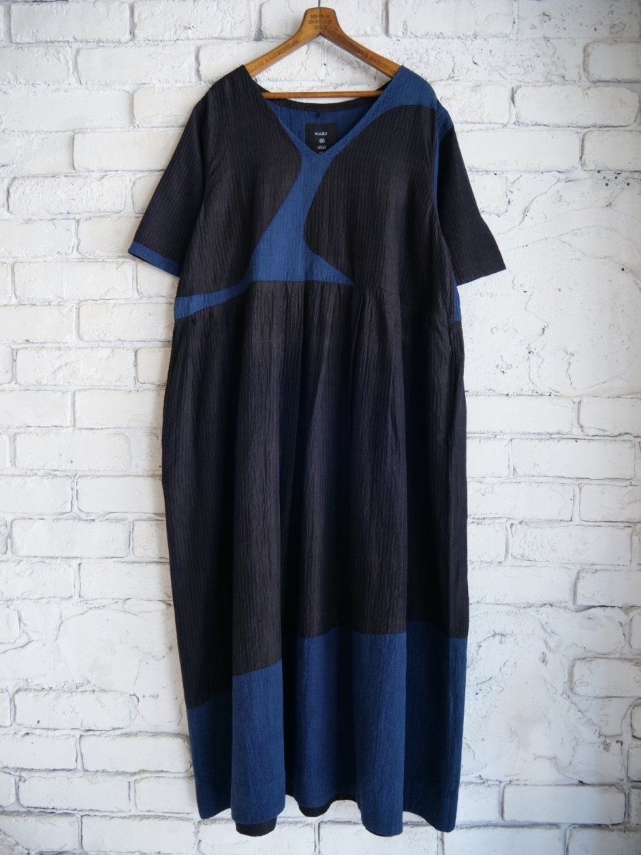 画像1: maku textiles KIKIマクテキスタイルズ インディゴ染手シルクコットンアップリケラインステッチドレス G2228 (1)