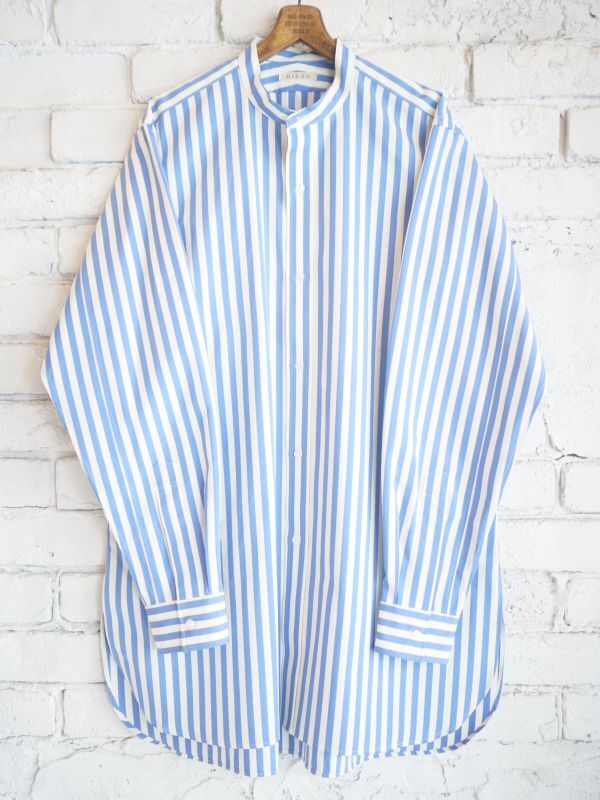 【HEUGN】rob band collar Blue-stripe シャツ トップス メンズ 当店だけの限定モデル