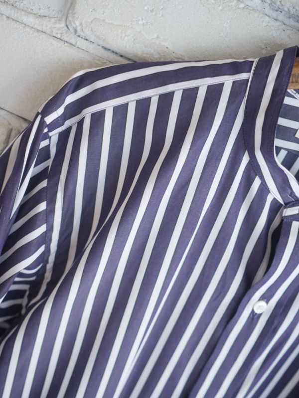 HEUGN Stripe Rob スタンドカラーシャツ パープルストライプ